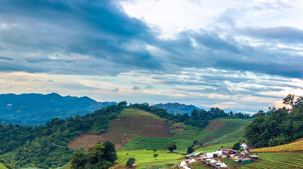 Panorama view , Morning mist over the mountain range during the rainy season of the hill where the vegetable garden is planted in steps on the mountain of Doi Mon Cham, Chiang Mai, Thailand.