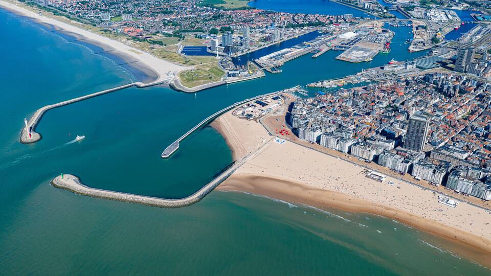 Aerial view of the beach and city of Ostende Belgium during summer