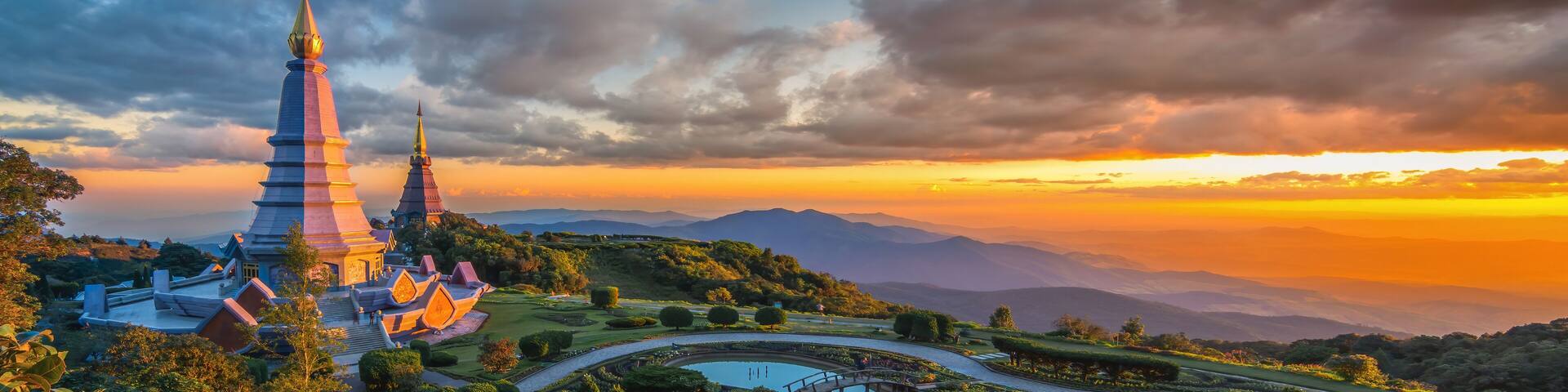 Landmark Landscape of two pagoda on the top of Inthanon mountain, Chiang Mai, Thailand. Pagodas Noppamethanedol & Noppapol Phumsiri at sunset. aerial view top inthanon Chiang Mai Asia