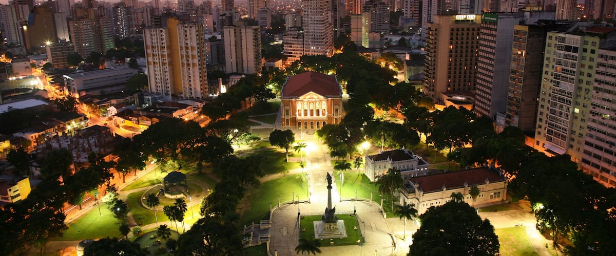 Sunset view of Praça da República and Teatro da Paz, theatre of neoclassical architecture and important tourist attraction of Belém do Pará, metropolis of the Brazilian Amazon. July, 2009.