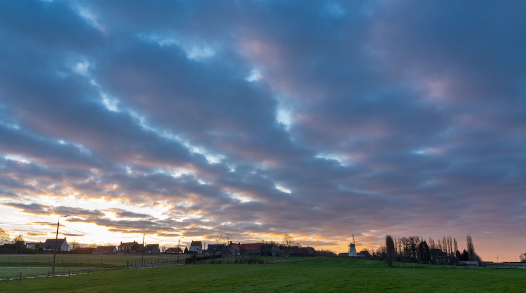 Een landelijk landschap met een windmolen, huizen en een bewolkte lucht bij zonsondergang.