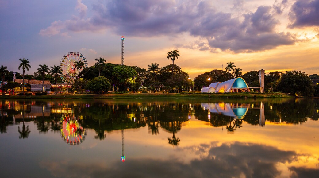 Sunset at the Pampulha lagoon, in Belo Horizonte, overlooking the Church of Sao Francisco de Assis and Guanabara Park.