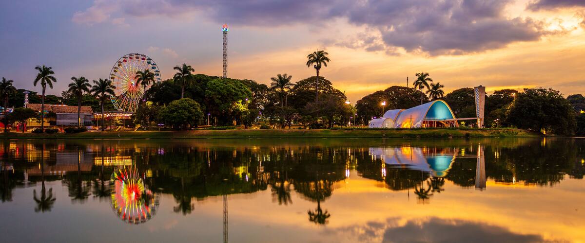 Sunset at the Pampulha lagoon, in Belo Horizonte, overlooking the Church of Sao Francisco de Assis and Guanabara Park.