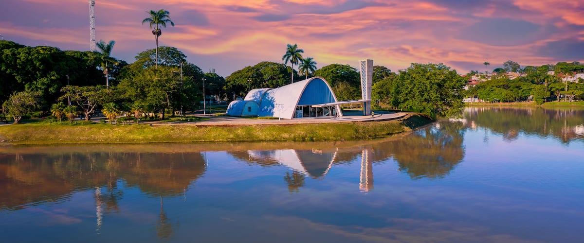 Lagoa da Pampulha, in Belo Horizonte, overlooking the Church of São Francisco de Assis and Guanabara Park. Minas Gerais Brazil. Aerial view
