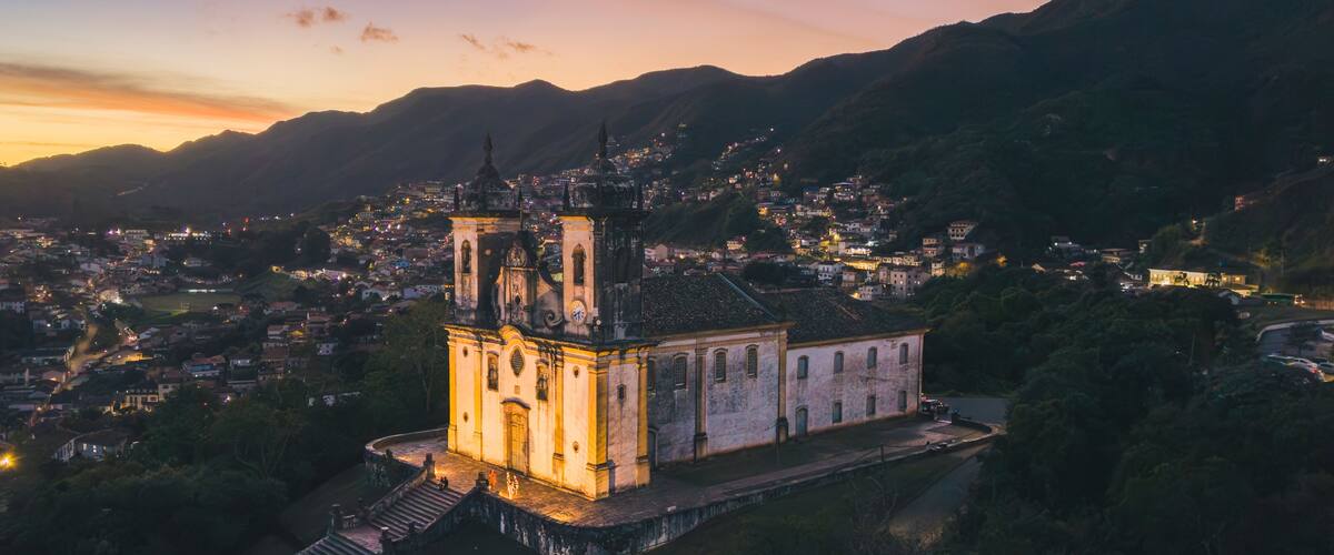 Church of Saint Francis of Paola in Ouro Preto, Minas Gerais, Brazil during sunset (drone photo)