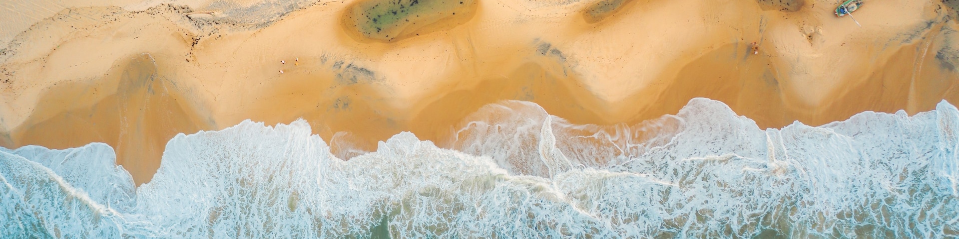 Vista aérea de una playa arenosa con olas rompiendo en la orilla y palmeras dispersas en la arena.