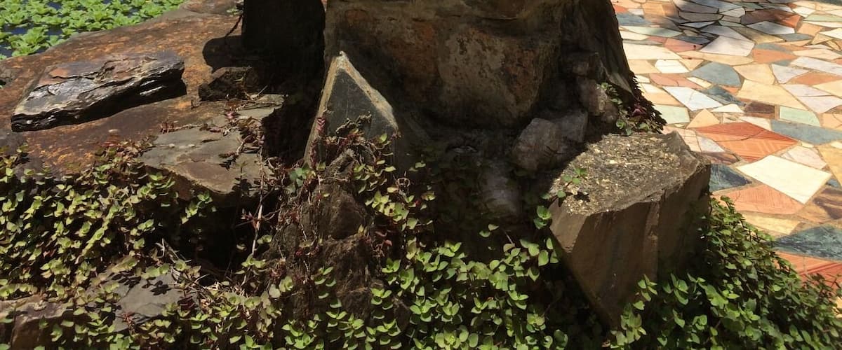 A rock formation with a pond and a tiled pathway.