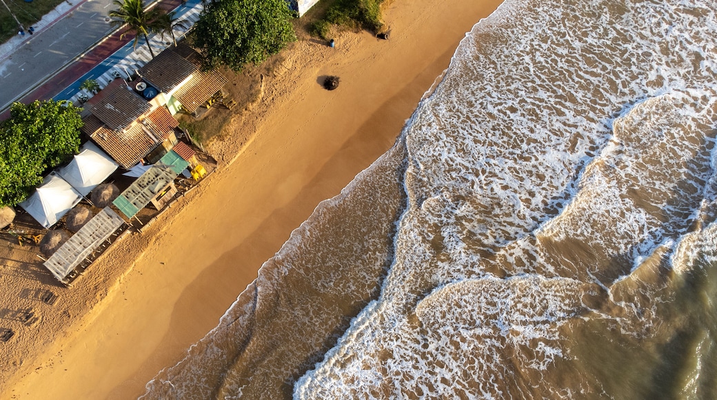 simple tents on dark sand beach, Bicanga, Serra, Espirito Santo, Brazil - atlantic ocean, drone top view