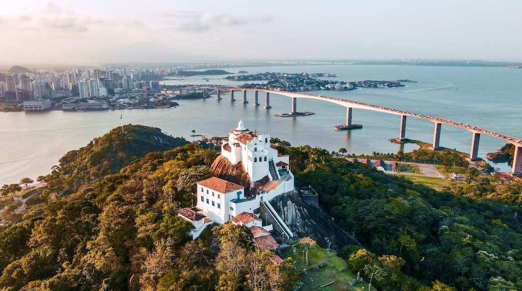 A coastal cityscape with a prominent bridge, lush greenery, and a historic white building with a red roof.