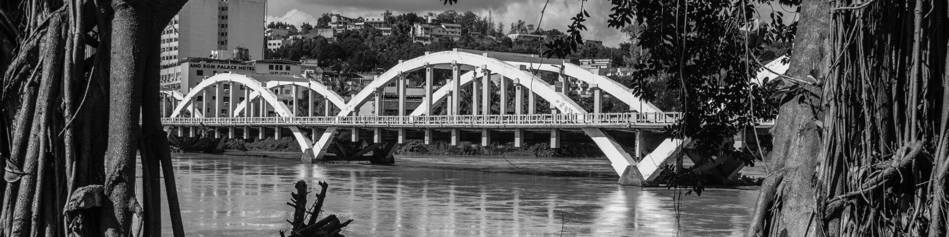 Un puente con un arco blanco sobre un río, rodeado de árboles y un edificio al fondo.