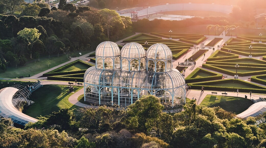 Botany Garden In Curitiba Parana Brazil. Famous Botanical Garden Showing The Around The City. Sunset Clouds Sky Downtown Cityscape. Sunset Outdoors Downtown . Curitiba Parana.