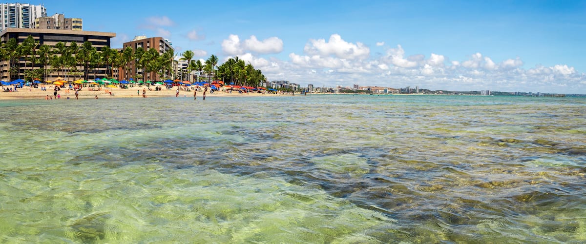 Uma praia com águas cristalinas e rasas, palmeiras e um horizonte urbano ao fundo.
