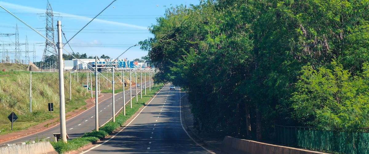 Uma estrada com barreira de concreto de um lado e uma floresta verde densa do outro.