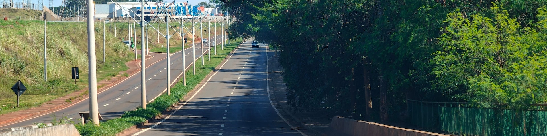 Uma estrada com barreira de concreto de um lado e uma floresta verde densa do outro.