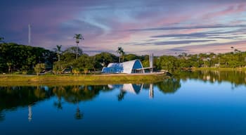 A serene lake with a modern building featuring a blue roof, surrounded by lush greenery and palm trees.