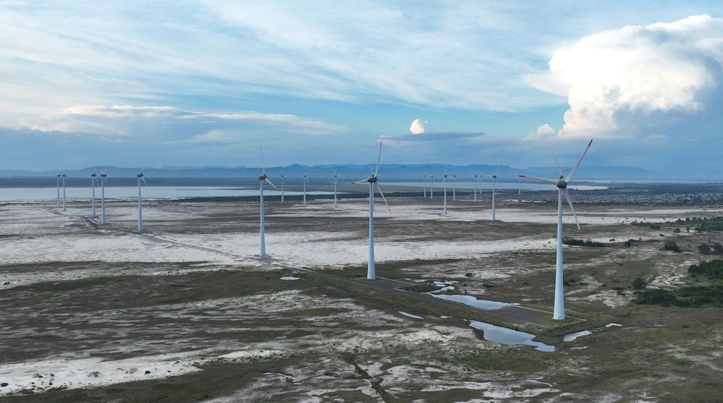 Een windmolenpark met meerdere windturbines in een vlak landschap met bergen in de verte.