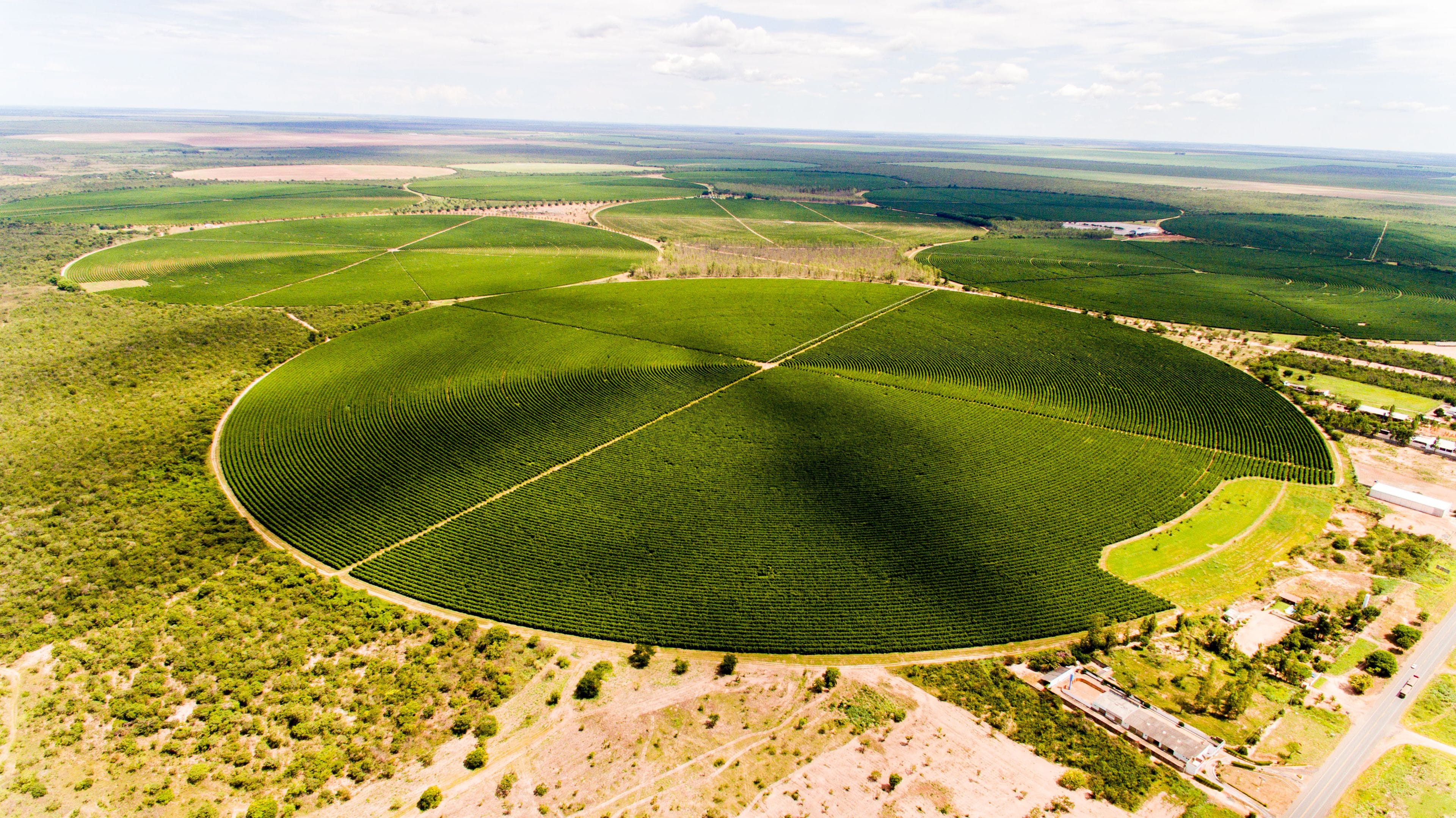 Een luchtbeeld van een uitgestrekt landbouwveld met duidelijke zaai patronen.