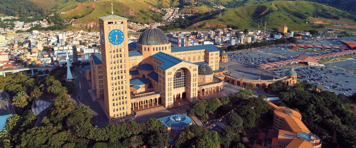 Aerial view of the Shrine of Nossa Senhora da Aparecida, Aparecida, São Paulo, Brazil. Patroness of Brazil. Church, temple, religion, faith.