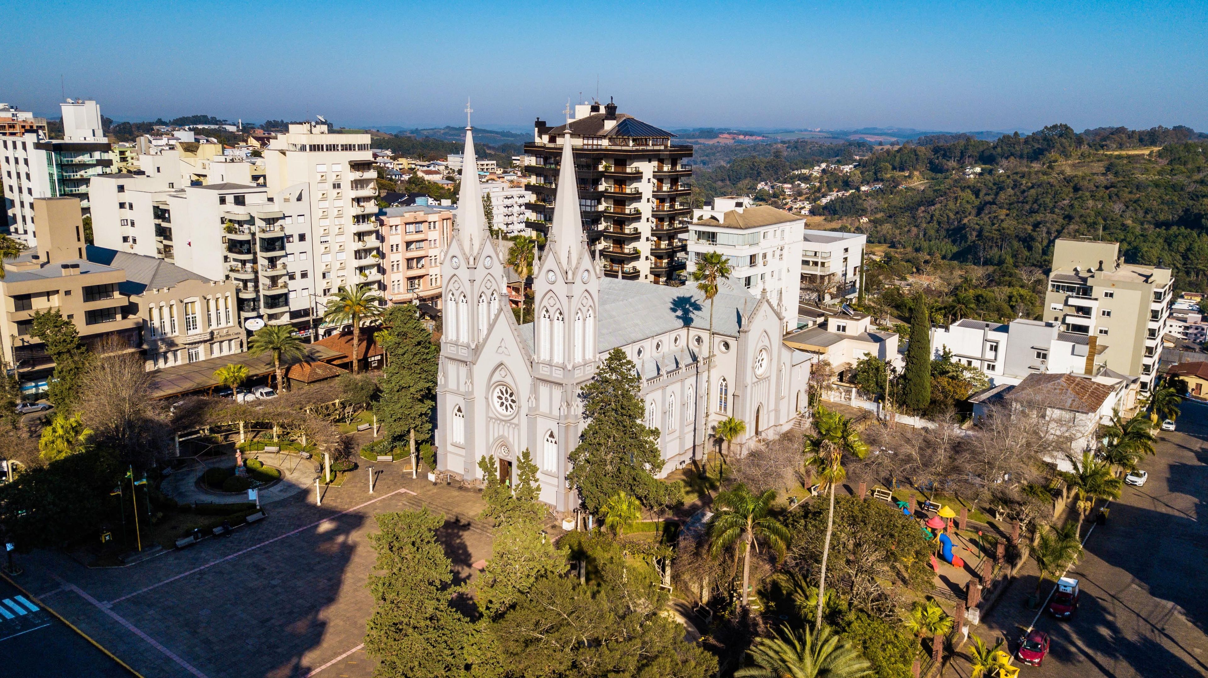 Mother Church of Veranópolis RS. Aerial view of the church and downtown of Veranópolis, Rio Grande do Sul, Brazil