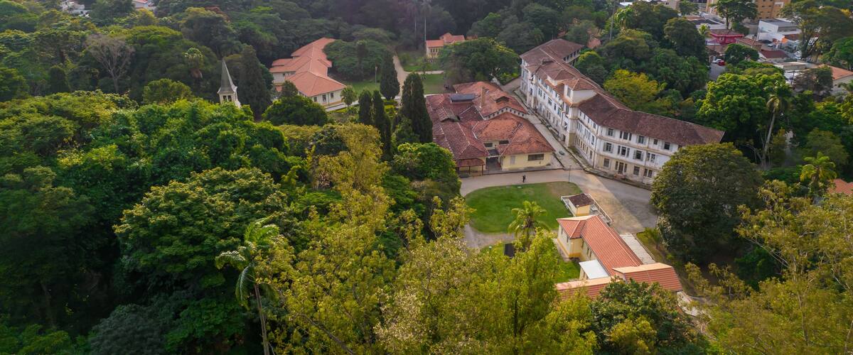 Sao Jose dos Campos, Sao Paulo, Brazil - 04, 2022: Aerial view of Parque Vicentina Aranha, Sacred Heart of Jesus Chapel, former sanatorium transformed into municipal park