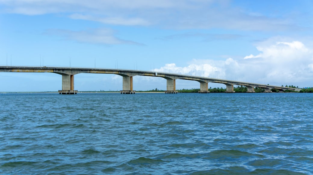 A long bridge spanning a wide river with calm water, under a partly cloudy sky.