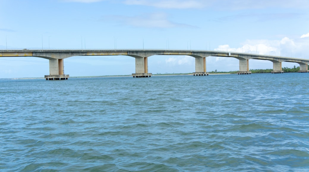 A large bridge spanning a body of water with multiple supports.