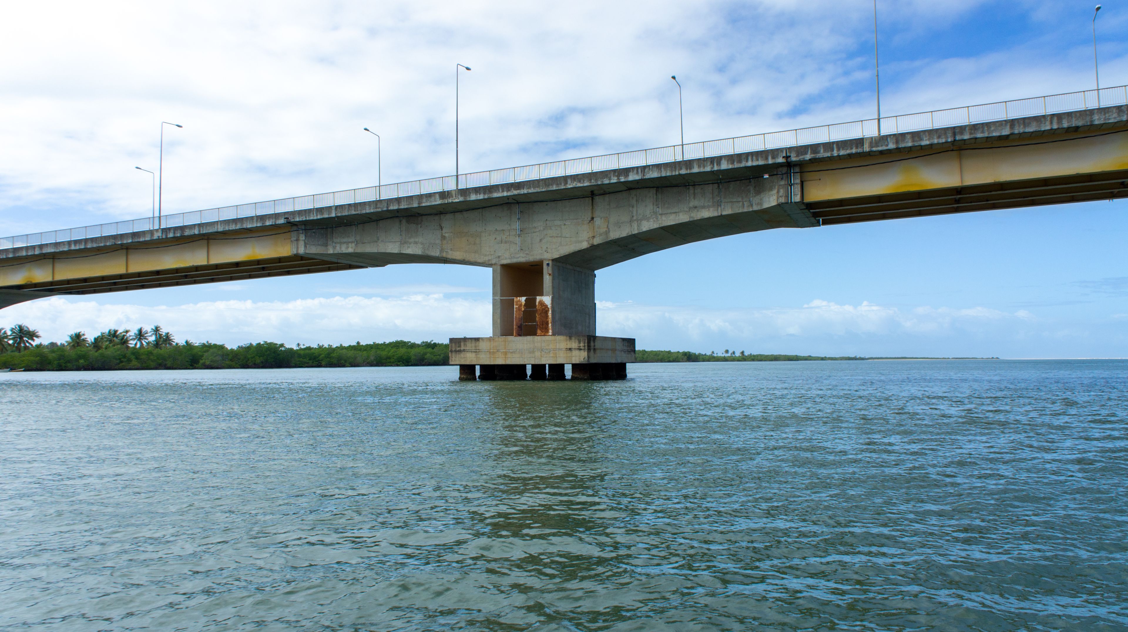 A concrete bridge over water with a metal railing, surrounded by trees and a clear sky.