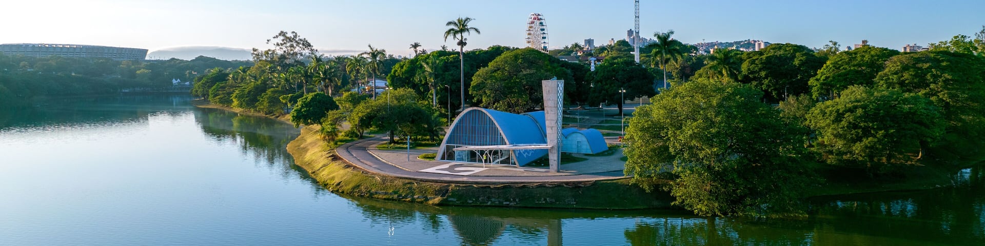 Lagoa da Pampulha, in Belo Horizonte, overlooking the Church of São Francisco de Assis and Guanabara Park. Minas Gerais Brazil. Aerial view