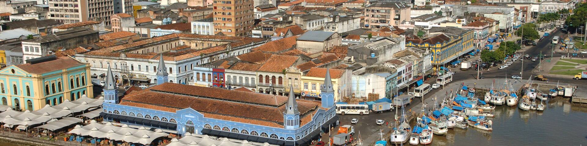 Aerial view of city skyline and Ver-o-Peso Market, colonial era building and important tourist attraction of Belém do Pará, metropolis of the Brazilian Amazon. July, 2005.