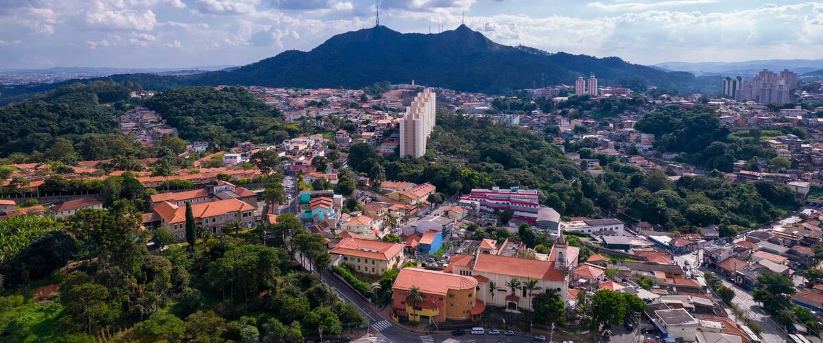 Aerial view of the Pirituba neighborhood in Sao Paulo, Brazil. Pico do Jaraguá in the background.