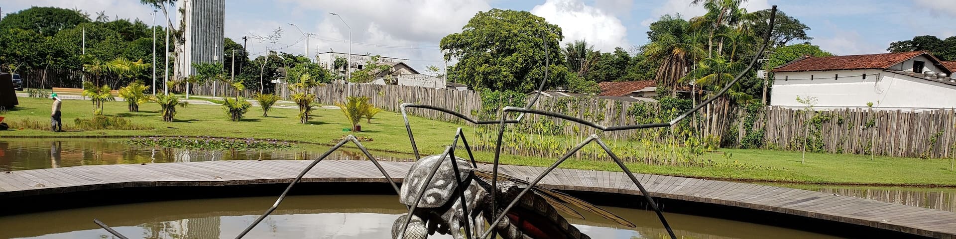 The water processing plant for the city of Belem was transformed into a beautiful spot with bike paths along the water. Beautiful vistas and... a giant mosquito. Lindo.