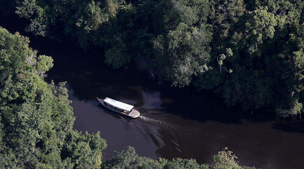 Aerial view of boat crossing a river in the Amazon in Brazil. Combu Island, Ilha do Combu, Belém, Pará State, Amazon, Brazil. 2013.