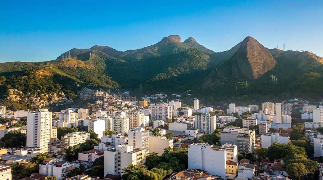 Aerial view of sunset at Pedra do Grajaú, Tijuca National Park, Rio de Janeiro, Brazil. Below the neighborhood of Grajaú and Andaraí.