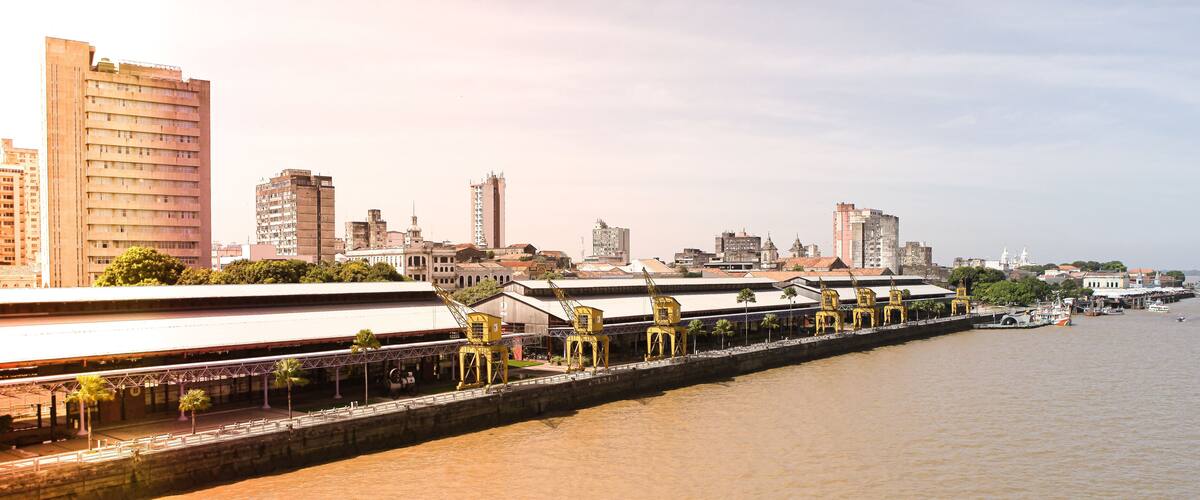 Aerial panoramic view of Estação das Docas, landmark of Belém do Pará, Amazon, Brazil.
