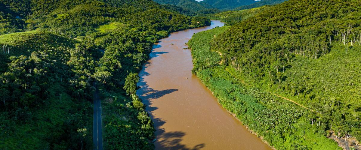 Aerial of the Iguape River Forest South-East Reserves, UNESCO World Heritage Site, Alto Ribeira Touristic State Park, Sao Paulo State, Brazil