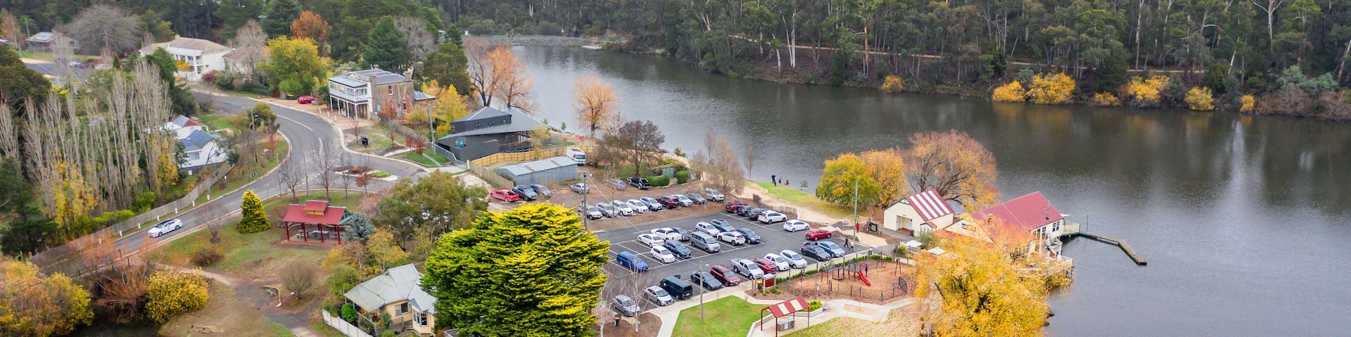 Aerial view of autumn trees and parkland around Lake Daylesford