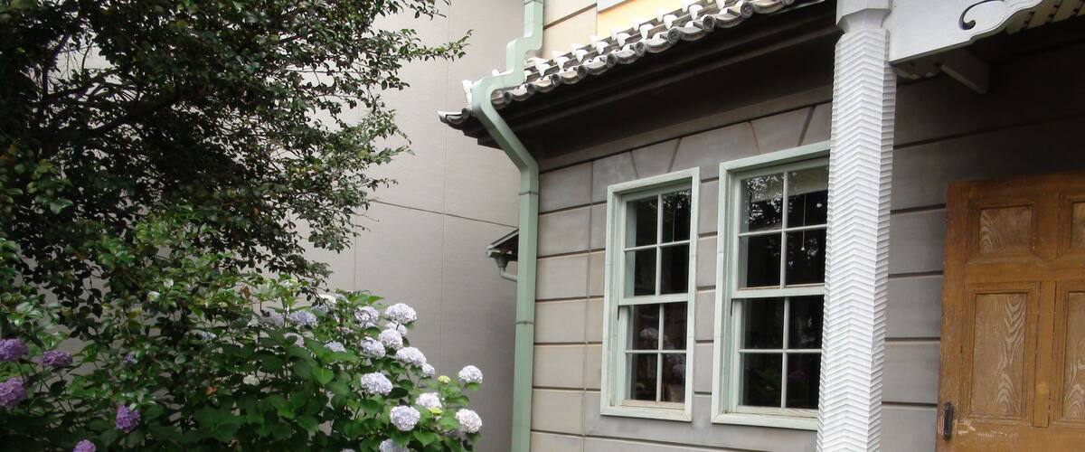 A house with a garden featuring marigolds, hydrangeas, and other flowers.