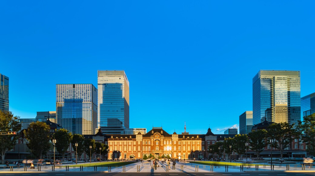 View of Marunouchi side of Tokyo railway station in the Chiyoda City, Tokyo, Japan. The station is divided into Marunouchi and Yaesu sides in its directional signage.