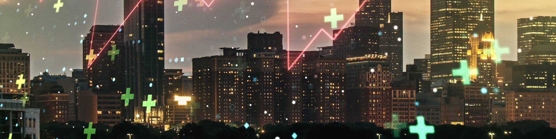 Double exposure of abstract virtual heart rate hologram on Chicago city skyscrapers background. Healthcare technolody concept