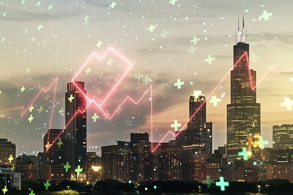 Double exposure of abstract virtual heart rate hologram on Chicago city skyscrapers background. Healthcare technolody concept