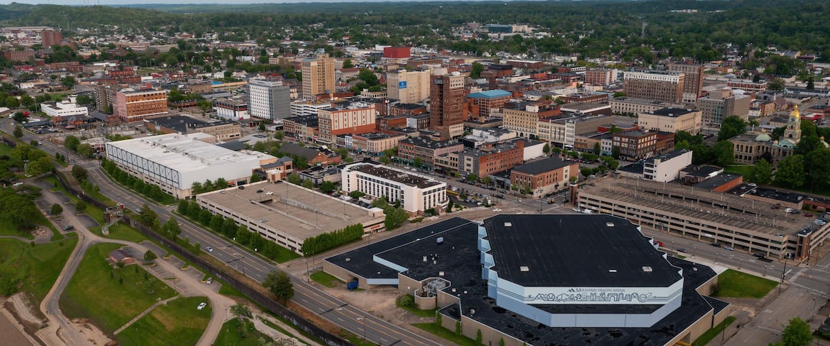 Aerial of Pullman Square, Civic & Convention Center - Downtown Huntington, West Virginia