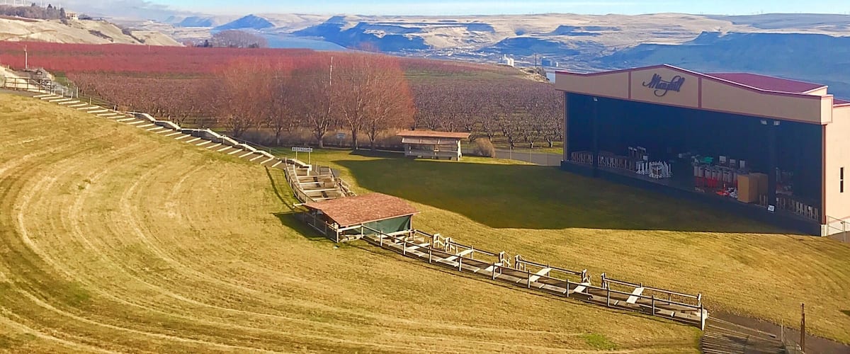 Maryhill Winery & Amphitheater overlook vineyards and orchards and the eastern end of the famed Columbia River Gorge southwest of Goldendale, Washington.