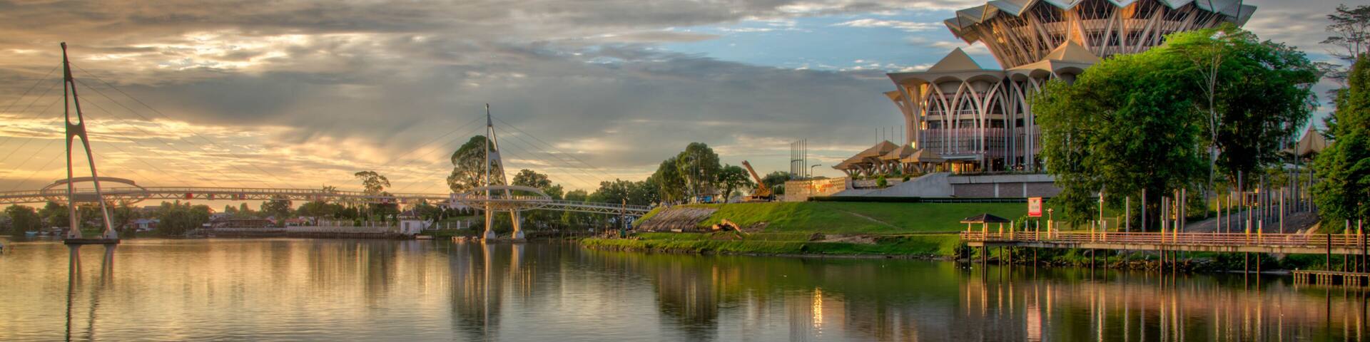Waterfront at Kuching Borneo in Malaysia at twilight along the Sarawak River