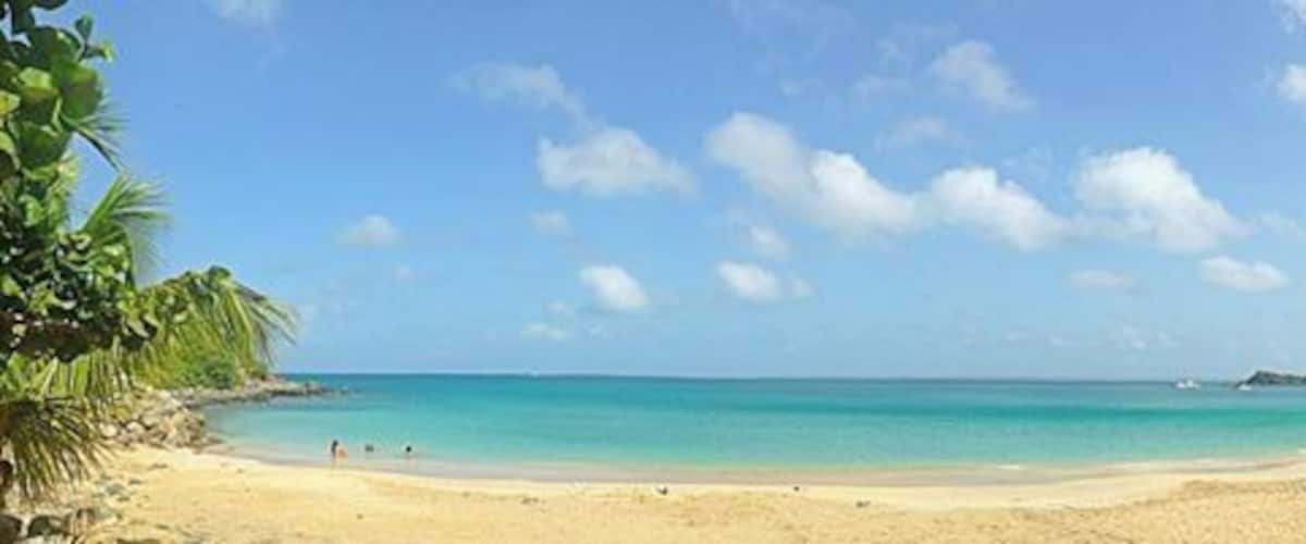 Una playa con agua turquesa cristalina, una orilla arenosa y colinas verdes al fondo.