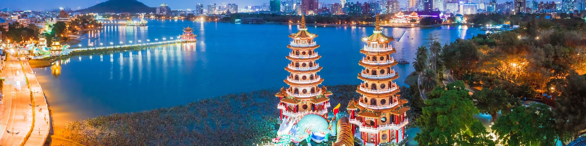 Aerial view Lotus Pond's Dragon and Tiger Pagodas at night. kaohsiung city. Taiwan