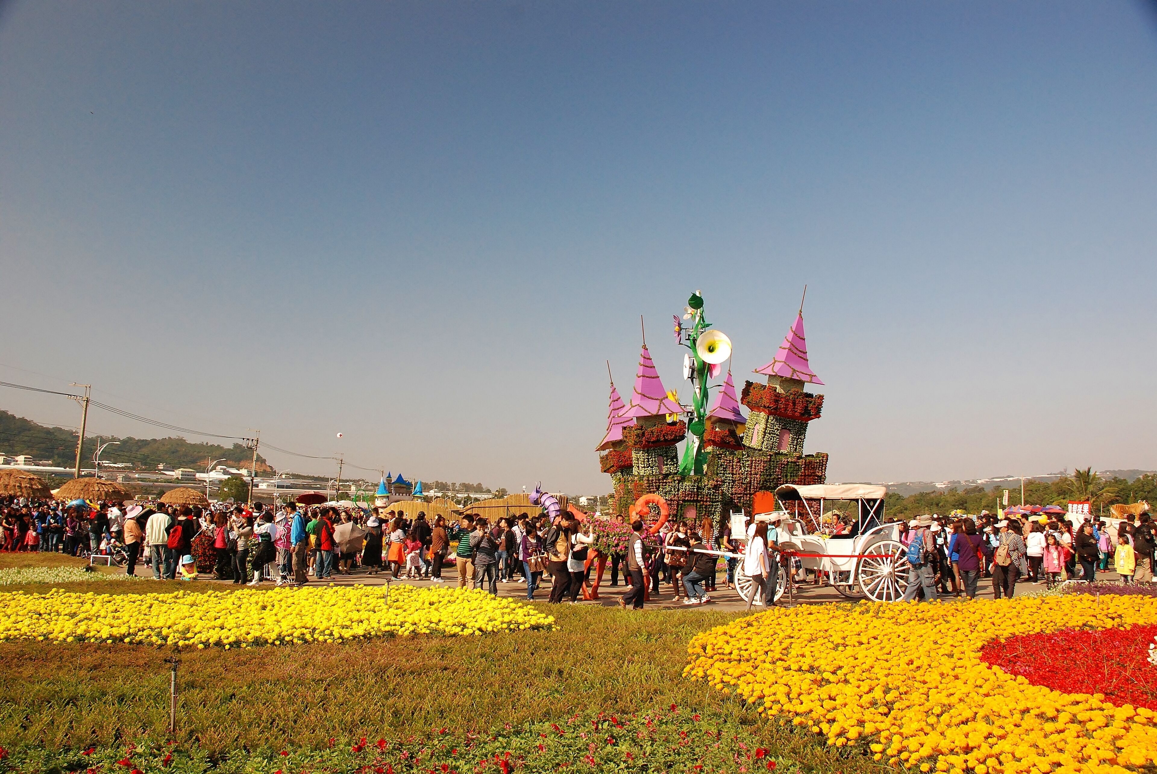 A large crowd gathered around a colorful, ornate structure with multiple pink spires, surrounded by vibrant flower fields.