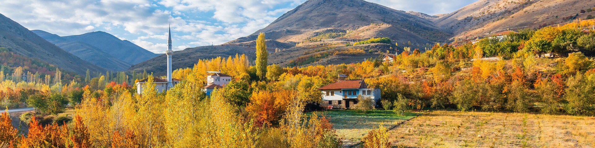Un paisaje montañoso con follaje otoñal, una aguja de iglesia y casas.
