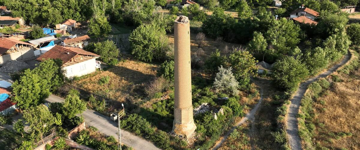 A tower surrounded by trees and houses.