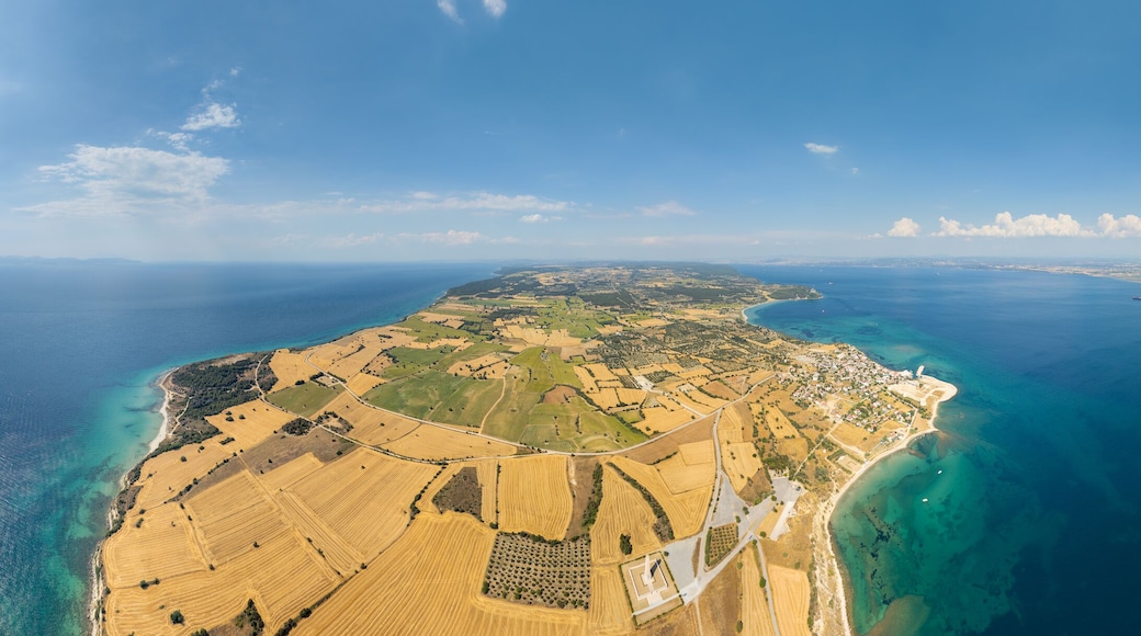 Seddulbahir, Turkey. Cylindrical panorama of Dardanelles Strait entrance at Cape Helles with Mehmetcik Lighthouse and Gallipoli Peninsula coast. Panorama 360. Aerial view