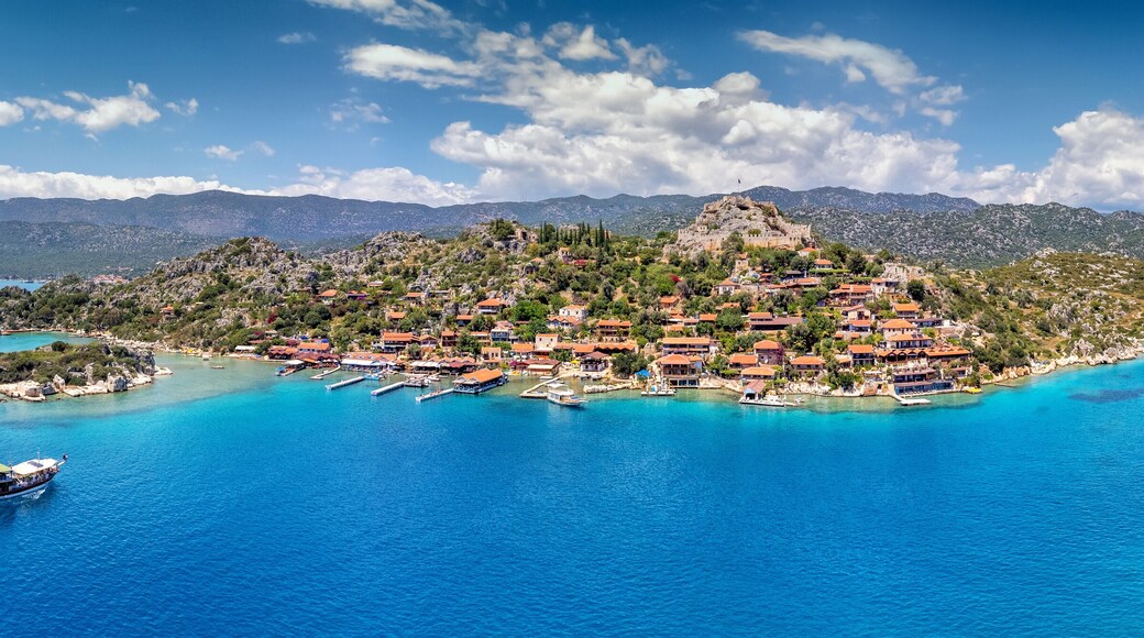 Aerial view of Simena castle and fishing and tourist village Kaleucagiz. Tourist and travel destinations in Turkey